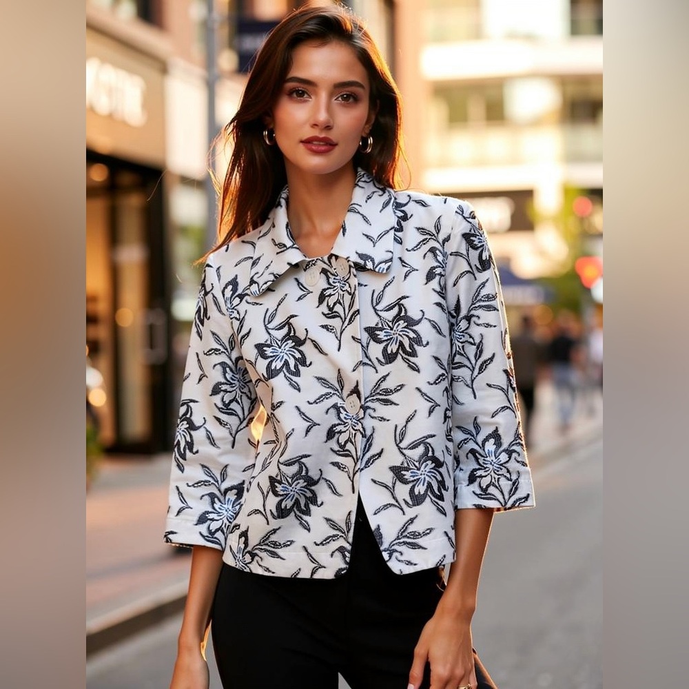 Jones New York Collection Vintage Tapestry Crop Button Up Jacket